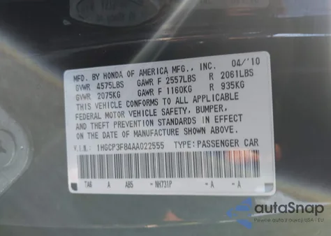 2010 Honda Accord 3.5 Ex-L z USA, uszkodzony, nr VIN 1HGCP3F84AA022555